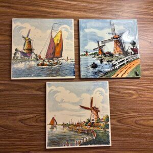 Delft Set of 3 Colorful Painted Tiles Windmills Nautical - 6"x6" Square